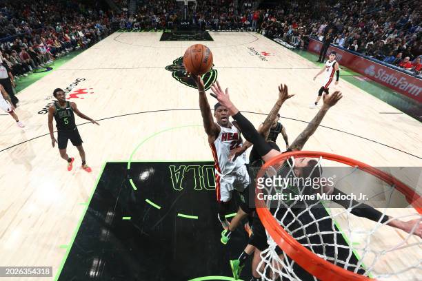 Jimmy Butler of the Miami Heat shoots the ball during the game against the New Orleans Pelicans on February 23, 2024 at the Smoothie King Center in...
