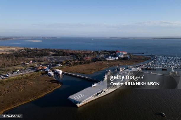 An aerial view shows the USS Yorktown at Patriots Point Naval & Maritime Museum in Mount Pleasant, South Carolina, on February 23, 2024.