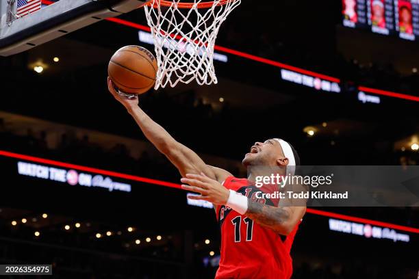 Bruce Brown of the Toronto Raptors goes up for a shot during the fourth quarter against the Atlanta Hawks at State Farm Arena on February 23, 2024 in...