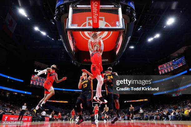 Gradey Dick of the Toronto Raptors dunks during the first half against the Atlanta Hawks at State Farm Arena on February 23, 2024 in Atlanta,...