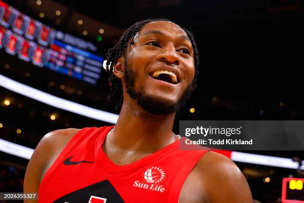 Immanuel Quickley of the Toronto Raptors reacts at the conclusion of the Raptors 123-121 victory over the Atlanta Hawks at State Farm Arena on...