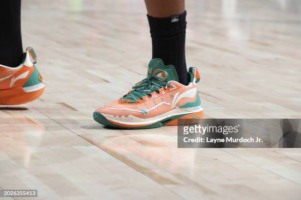 The sneakers worn by Jimmy Butler of the Miami Heat during the game against the New Orleans Pelicans on February 23, 2024 at the Smoothie King Center...