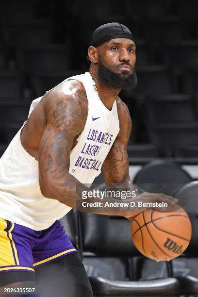 LeBron James of the Los Angeles Lakers warms up before the game against the San Antonio Spurs on Feburary 23, 2024 at Crypto.Com Arena in Los...