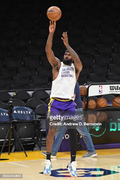 LeBron James of the Los Angeles Lakers warms up before the game against the San Antonio Spurs on Feburary 23, 2024 at Crypto.Com Arena in Los...