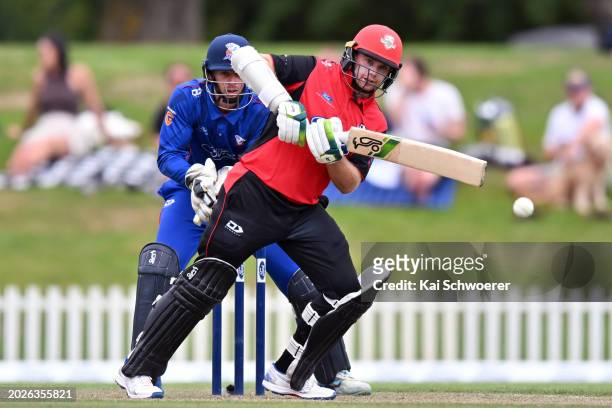 Tom Latham of Canterbury bats during the Ford Trophy Grand Final match between Canterbury and Auckland at Hagley Oval on February 24, 2024 in...