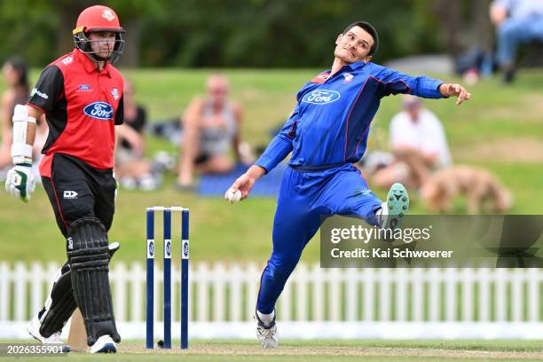 Sean Solia of Auckland bowls during the Ford Trophy Grand Final match between Canterbury and Auckland at Hagley Oval on February 24, 2024 in...