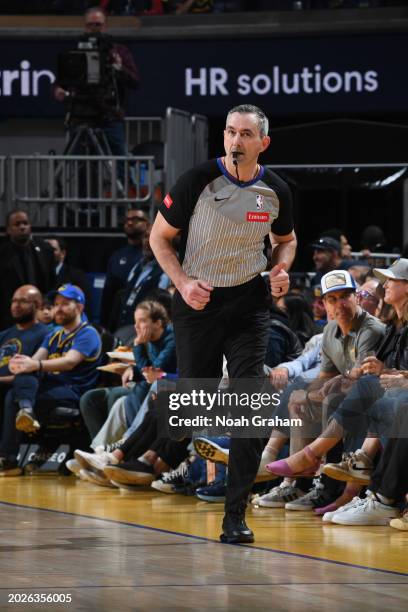 Referee, Brett Nansel looks on during the game between the Charlotte Hornets and the Golden State Warriors on February 23, 2024 at Chase Center in...
