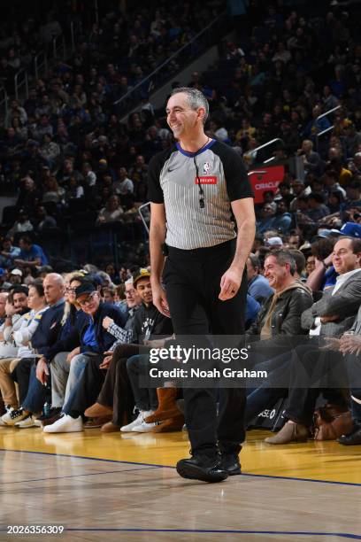 Referee, Brett Nansel looks on during the game between the Charlotte Hornets and the Golden State Warriors on February 23, 2024 at Chase Center in...