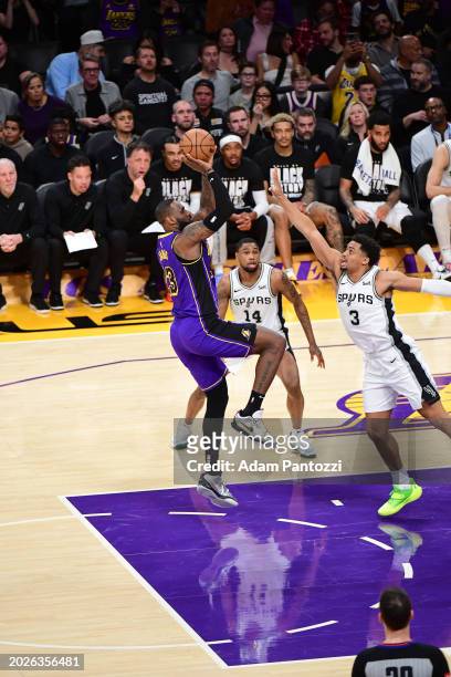 LeBron James of the Los Angeles Lakers shoots the ball during the game on February 23, 2024 at Crypto.Com Arena in Los Angeles, California. NOTE TO...
