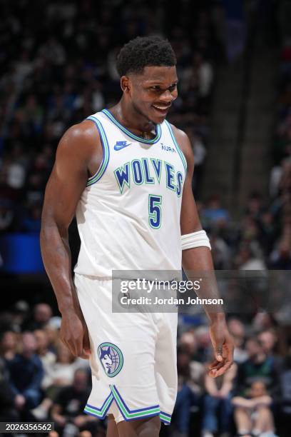 Anthony Edwards of the Minnesota Timberwolves smiles during the game against the Milwaukee Bucks on February 23, 2024 at Target Center in...