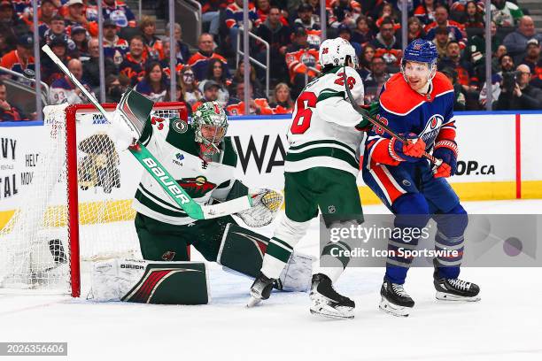 Minnesota Wild Goalie Filip Gustavsson makes a great save in the third period of the Edmonton Oilers game versus the Minnesota Wild on February 23 at...