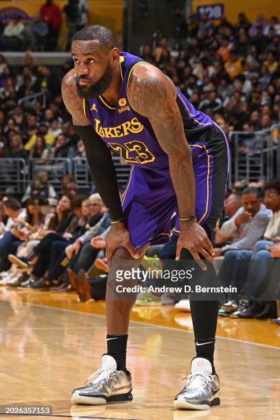 LeBron James of the Los Angeles Lakers looks on during the game against the San Antonio Spurs on Feburary 23, 2024 at Crypto.Com Arena in Los...