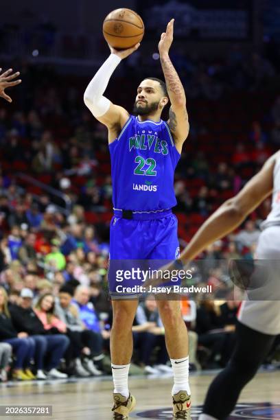 Tyrese Martin of the Iowa Wolves shoots the ball during the game against the Rio Grande Valley Vipers on February 23, 2024 at the Wells Fargo Arena...