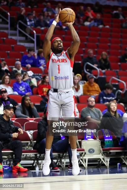 Shawn Occeus of the Rio Grande Valley Vipers shoots the ball during the game against the Iowa Wolves on February 23, 2024 at the Wells Fargo Arena in...