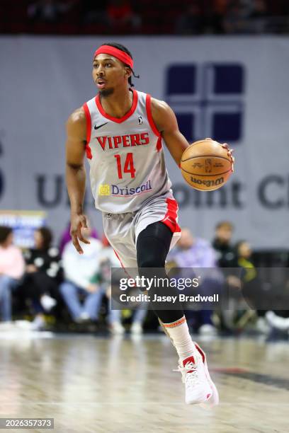 Nate Hinton of the Rio Grande Valley Vipers handles the ball during the game against the Iowa Wolves on February 23, 2024 at the Wells Fargo Arena in...