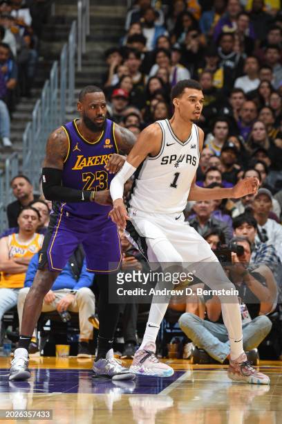 LeBron James of the Los Angeles Lakers plays defense during the game against the San Antonio Spurs on Feburary 23, 2024 at Crypto.Com Arena in Los...