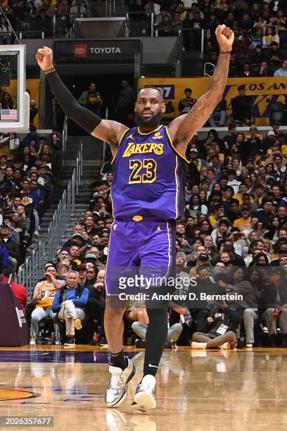 LeBron James of the Los Angeles Lakers celebrates during the game against the San Antonio Spurs on Feburary 23, 2024 at Crypto.Com Arena in Los...