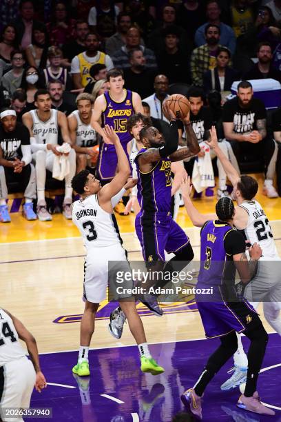 LeBron James of the Los Angeles Lakers goes to the basket during the game on February 23, 2024 at Crypto.Com Arena in Los Angeles, California. NOTE...