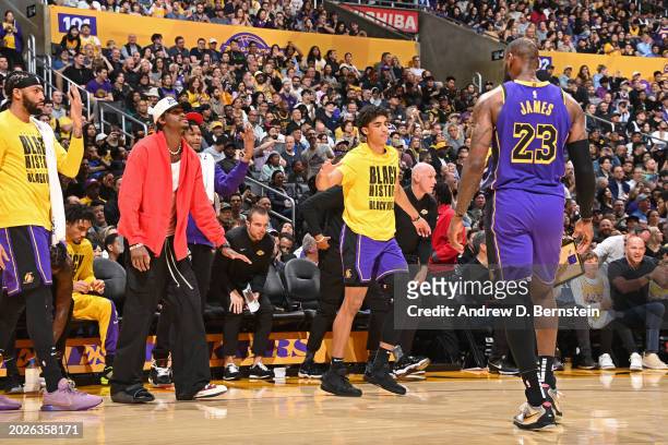 Max Christie of the Los Angeles Lakers high fives LeBron James during the game against the San Antonio Spurs on Feburary 23, 2024 at Crypto.Com Arena...