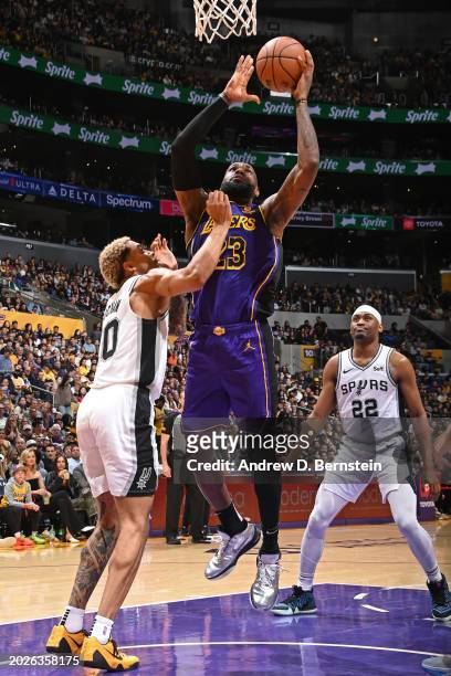 LeBron James of the Los Angeles Lakers drives to the basket during the game against the San Antonio Spurs on Feburary 23, 2024 at Crypto.Com Arena in...
