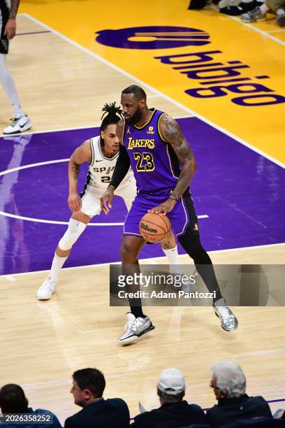 LeBron James of the Los Angeles Lakers goes to the basket during the game on February 23, 2024 at Crypto.Com Arena in Los Angeles, California. NOTE...