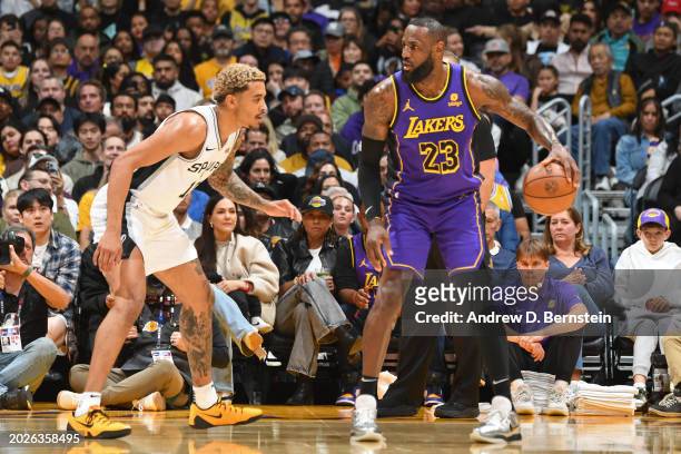 LeBron James of the Los Angeles Lakers looks on during the game against the San Antonio Spurs on Feburary 23, 2024 at Crypto.Com Arena in Los...