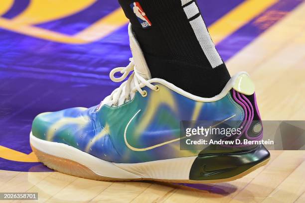 The sneakers worn by LeBron James of the Los Angeles Lakers before the game against the San Antonio Spurs on Feburary 23, 2024 at Crypto.Com Arena in...
