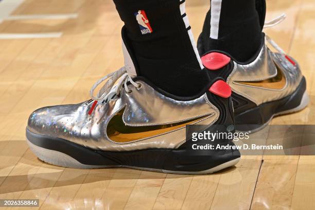 The sneakers worn by LeBron James of the Los Angeles Lakers during the game against the San Antonio Spurs on Feburary 23, 2024 at Crypto.Com Arena in...