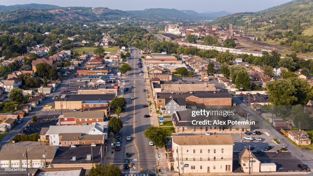 Rare car traffic along the Delaware Ave in mountainous Downtown of Palmerton, Pennsylvania