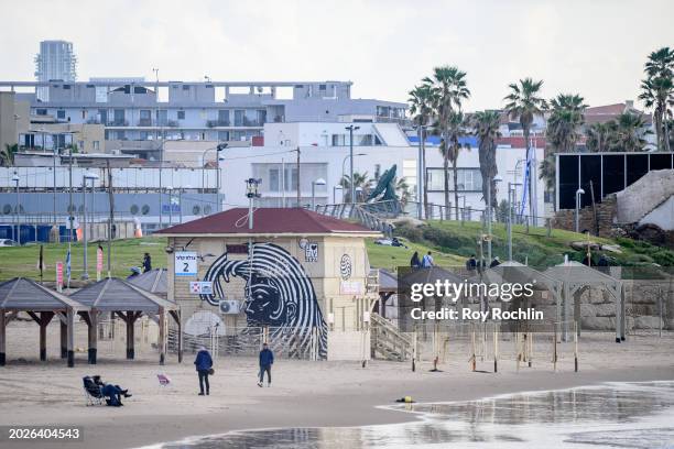 View of the life guard shed on the The "Maravi" beach between Tel Aviv and Jaffa on February 20, 2024 in Tel Aviv, Israel.