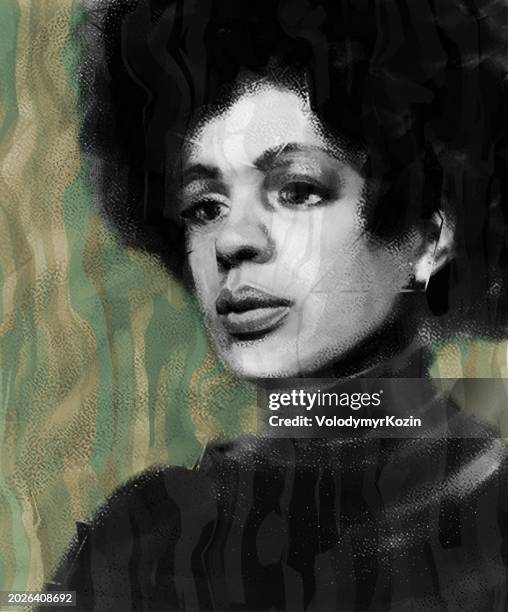 picturesque portrait of a black woman with thick black hair, retro style - thick black woman 幅插畫檔、美工圖案、卡通及圖標