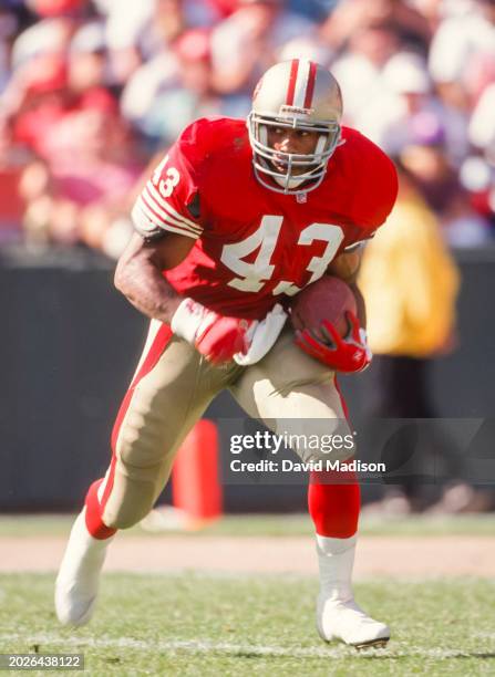 Marc Logan of the San Francisco 49ers plays in a National Football League game against the Buffalo Bills on September 13, 1992 at Candlestick Park in...