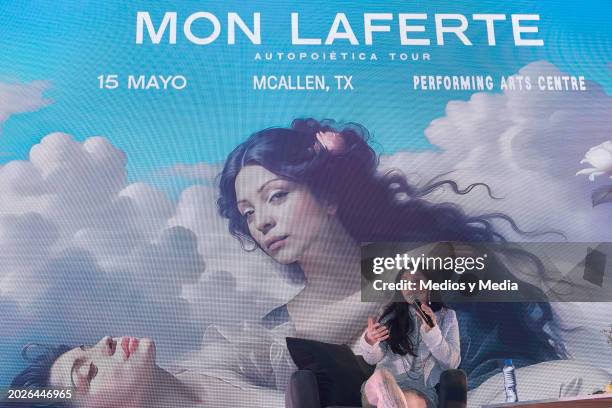 Singer Mon Laferte speaks during a press conference at Palacio de Los Deportes on February 20, 2024 in Mexico City, Mexico.