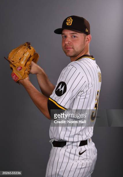 Michael King of the San Diego Padres poses for a portrait during Photo Day at the Peoria Sports Complex on February 20, 2024 in Peoria, Arizona.