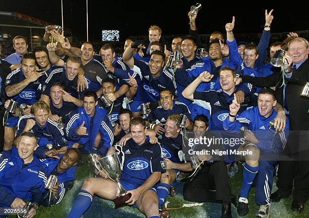 The Blues celebrate winning the Super 12 final game between the Blues and the Crusaders May 24, 2003 at Eden Park in Auckland, New Zealand. The Blues...