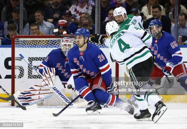 Chris Kreider of the New York Rangers blocks a second period shot by Miro Heiskanen of the Dallas Stars at Madison Square Garden on February 20, 2024...