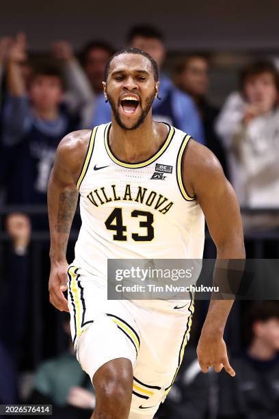 Eric Dixon of the Villanova Wildcats reacts after scoring during the second half against the Butler Bulldogs at Finneran Pavilion on February 20,...