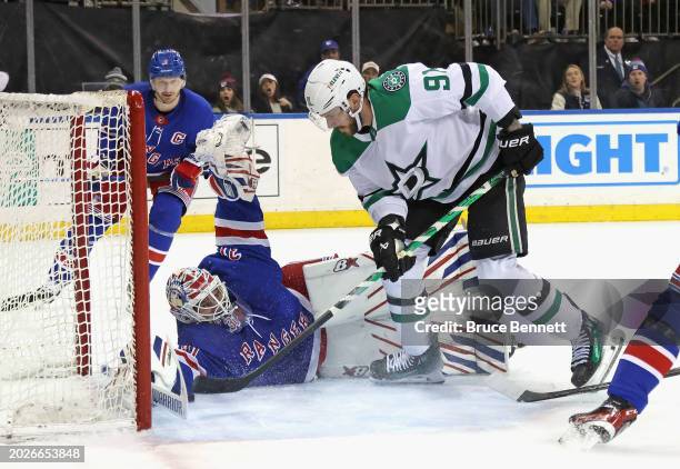 Igor Shesterkin of the New York Rangers makes the third period stop on Tyler Seguin of the Dallas Stars at Madison Square Garden on February 20, 2024...