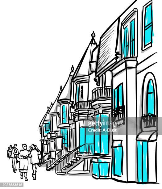 street old architecture teal - pavement stock illustrations