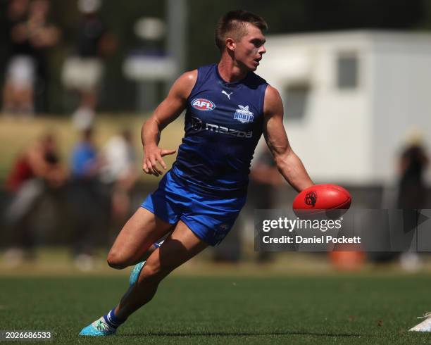 Colby McKercher of the Kangaroos in action during an AFL practice match between North Melbourne Kangaroos and Collingwood Magpies at AIA Centre on...