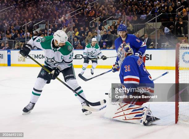 Igor Shesterkin of the New York Rangers makes the second period save on Jamie Benn of the Dallas Stars at Madison Square Garden on February 20, 2024...