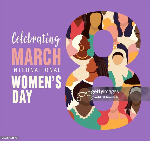 international women's day march 8th web banner with crowd of diverse women and text design - eighthth stock illustrations