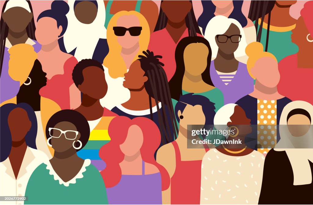 Multitud de mujeres diversas con varias expresiones de fondo de colores vibrantes