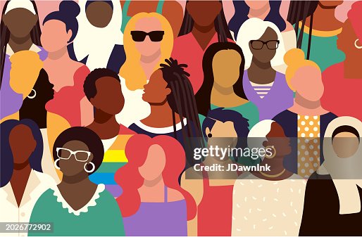 Multitud de mujeres diversas con varias expresiones de fondo de colores vibrantes Multitud de mujeres diversas con varias expresiones de fondo de colores vibrantes