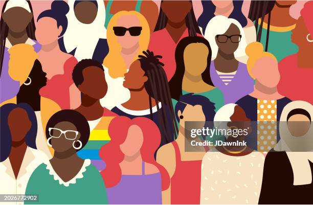 ilustraciones, imágenes clip art, dibujos animados e iconos de stock de multitud de mujeres diversas con varias expresiones de fondo de colores vibrantes - diversidad cultural