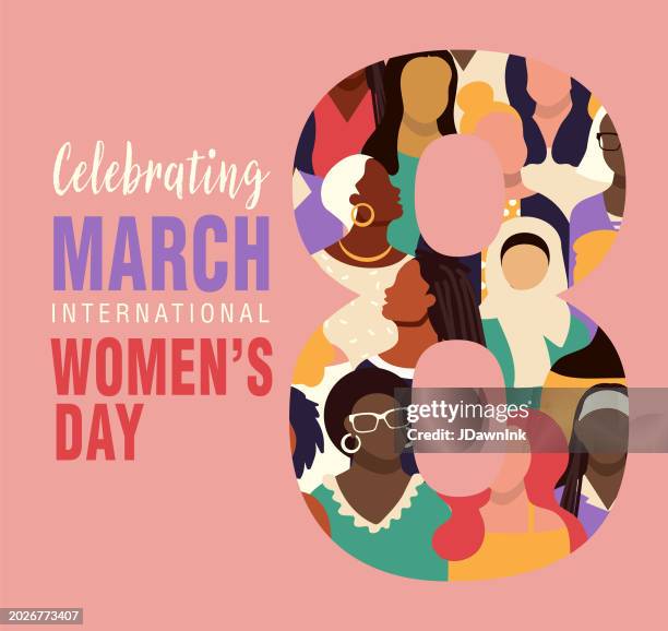 international women's day march 8th web banner with crowd of diverse women and text design - eighthth stock illustrations