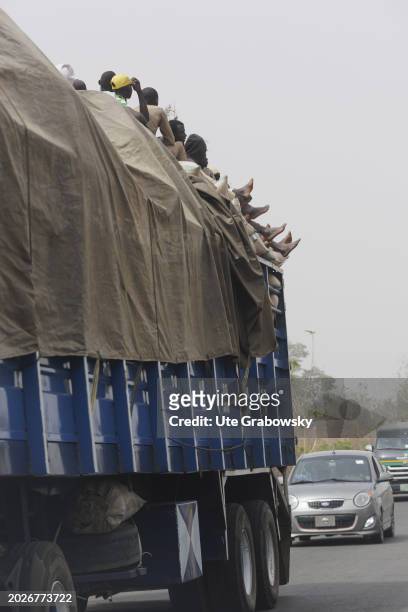 Transport on a truck in Africa on February 06, 2024 in Jos, Nigeria.
