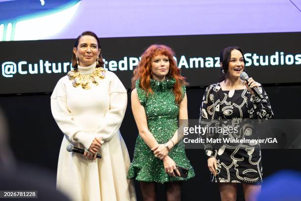 Maya Rudolph, Natasha Lyonne, and Cirocco Dunlap speak onstage during the opening remarks for the premiere for Prime Video's "The Second Best...