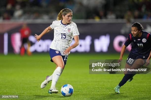 Korbin Albert of the United States is defended by Vanessa Kara of the Dominican Republic during the first half of the 2024 Concacaf W Gold Cup Group...