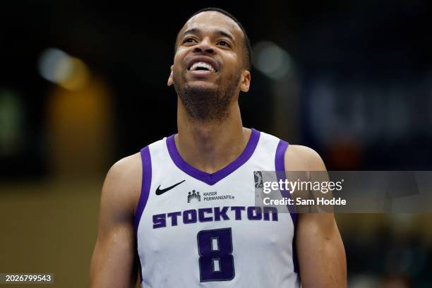 Skal Labissière of the Stockton Kings smiles during the game against the Texas Legends on February 23, 2024 at Comerica Center in Frisco, Texas. NOTE...